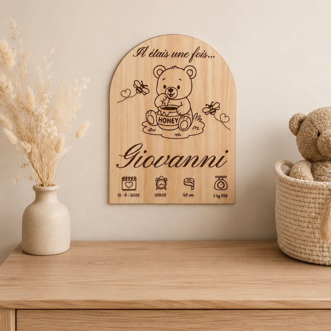 Plaque de Naissance Personnalisée en Bois — « Il était une fois…