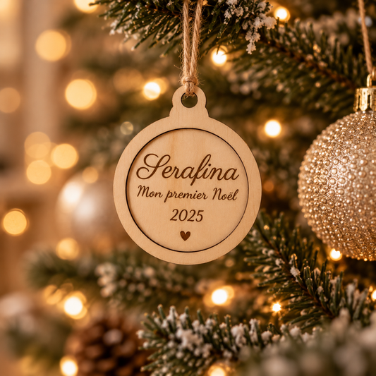 Ornement en bois rond personnalisé – Mon premier Noël