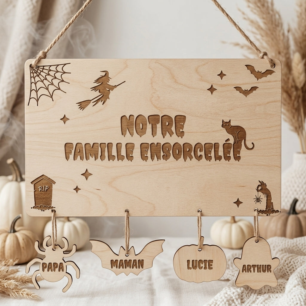 Pancarte d'Halloween Personnalisée en Bois — "Notre Famille Ensorcelée"