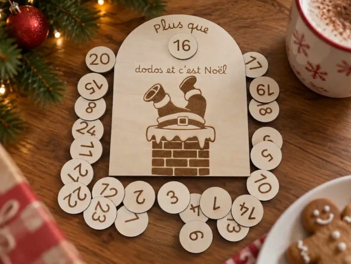 🎄 Calendrier Décompte de Noël en Bois – « Plus que... dodos et c'est Noël »