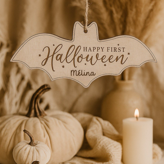 🎃 Suspension en bois « Mon premier Halloween » – forme de chauve-souris 🦇
